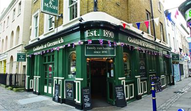 The front entrance to Goddards at Greenwich on the corner of Greenwich Market. A family run business since 1890.