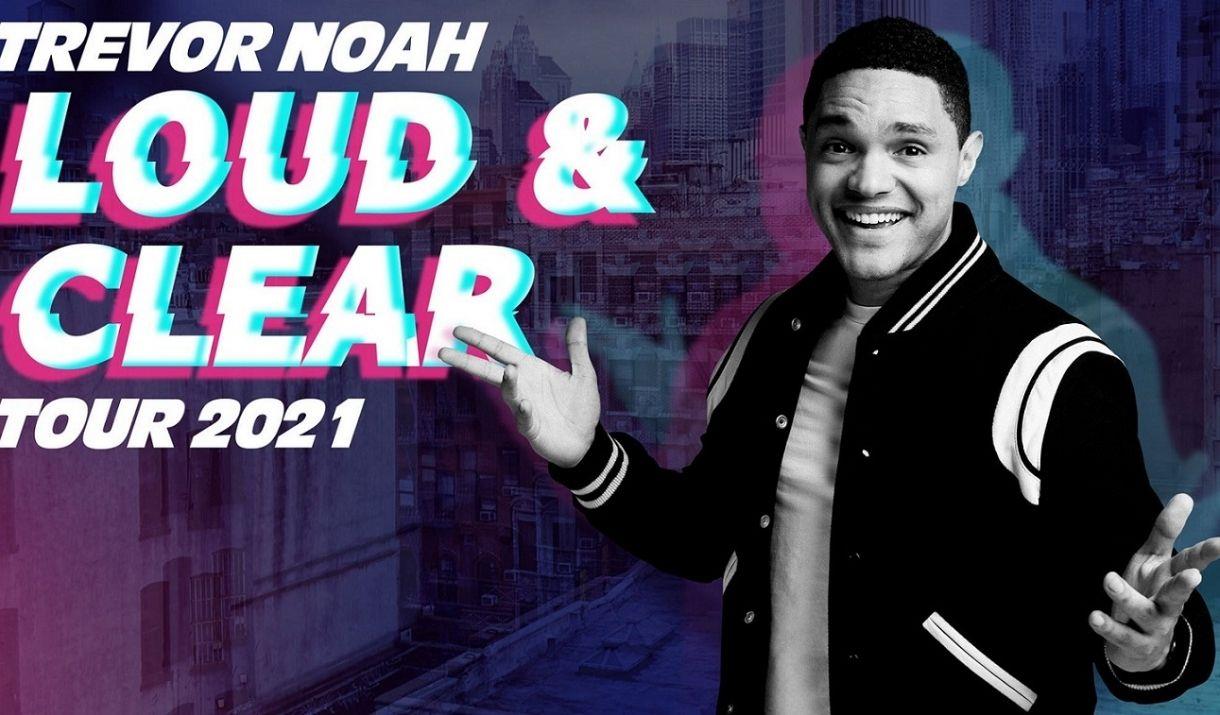 Trevor Noah smiling and wearing black jacket with white stripes in the artwork for Trevor Noah Loud & Clear Tour.