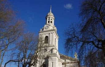 Looking up at St Alfege Church spire in Greenwich