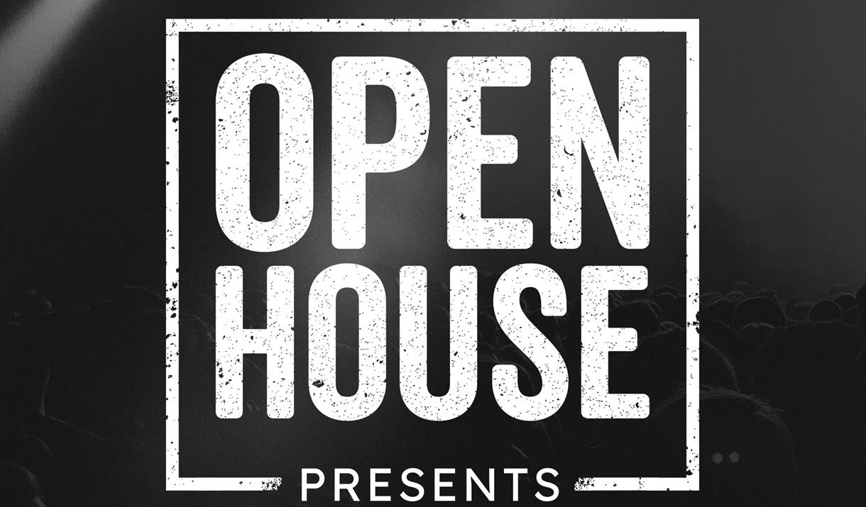 Open House Presents artwork in black background with white text. Open House Presents artwork in black background with white text.